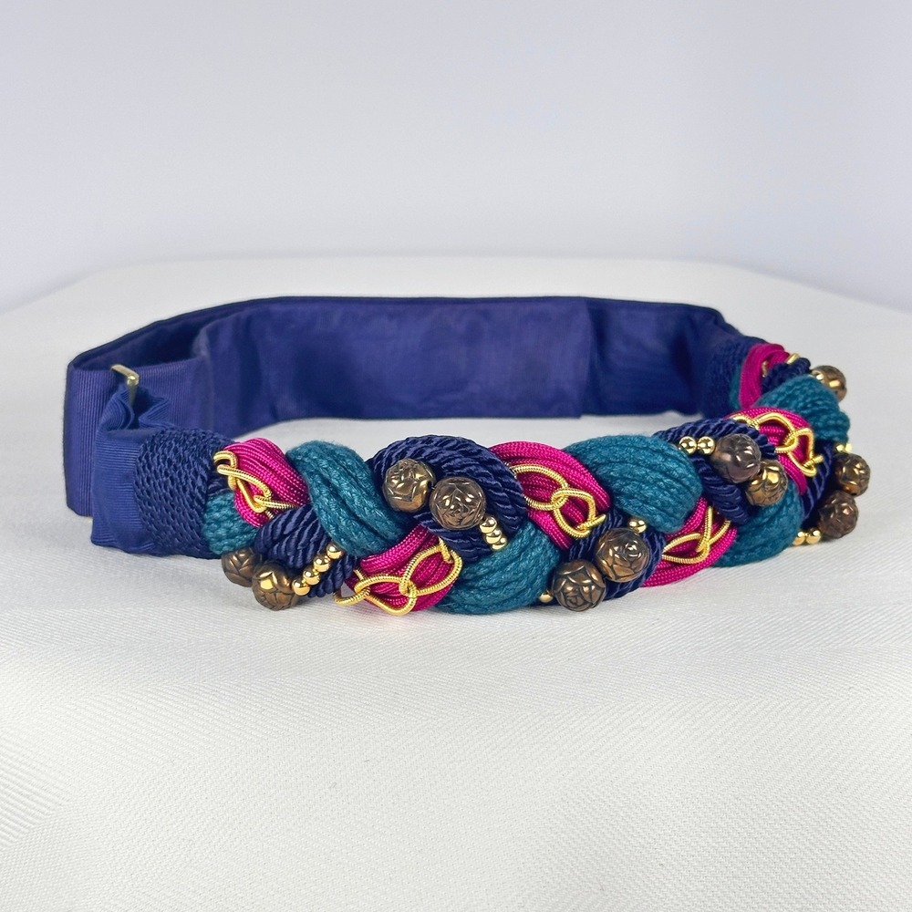 80s Carolyn Tanner‎ Navy Teal Magenta Braided Rope Belt Beaded Luxe Gold Chain